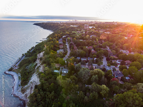 Scarborough bluffs Sunset Aerial with Toronto Skyline