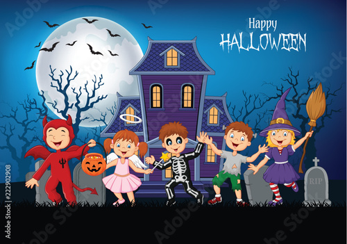 Cartoon happy kids with Halloween background