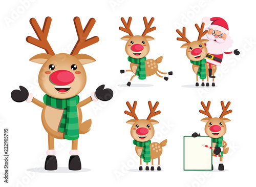 Reindeer vector character set. Rudolph christmas cartoon characters with santa claus isolated in white background. Vector illustration. 