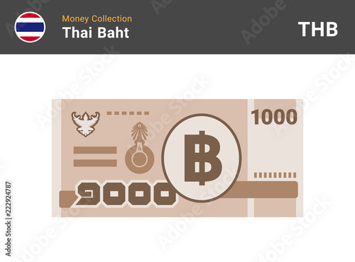 Thai baht banknone. Paper money 1000 THB. Flat style. Vector illustration.