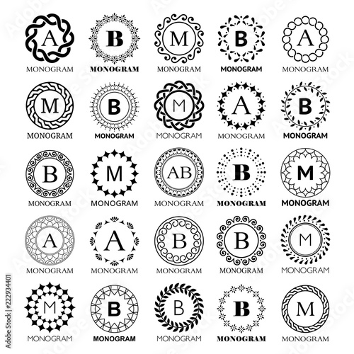 Monogram vector template design - big set. Elegant wedding or company monogram sign, single letter and floral or abstract frame ornament 