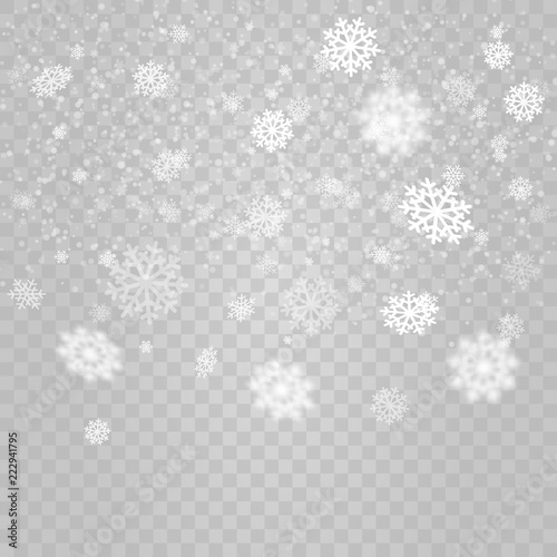 Vector heavy snowfall, snowflakes in different shapes and forms. Many white cold flake elements on transparent background. White snowflakes flying in the air. Snow flakes, snow background.