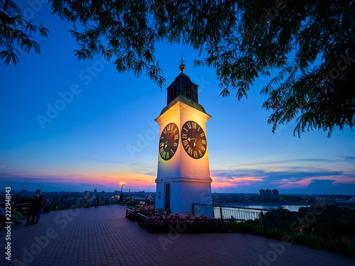 Clock Tower on the Petrovaradin fortress, Novi Sad, Serbia at sunset 