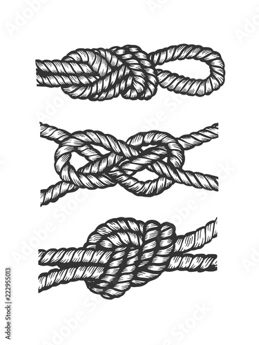 Marine nautical knot engraving vector illustration. Scratch board style imitation. Black and white hand drawn image.