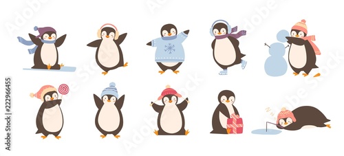 Bundle of adorable penguins wearing winter clothing and hats isolated on white background. Set of funny cartoon arctic animals in outerwear. Colorful childish vector illustration in flat style.