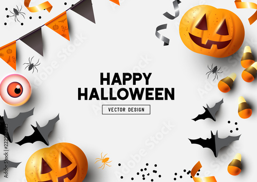 Happy Halloween party label/ invitation Composition with Jack O' Lantern pumpkins, party decorations and sweets on a colorful abstract background. Top view vector illustration.
