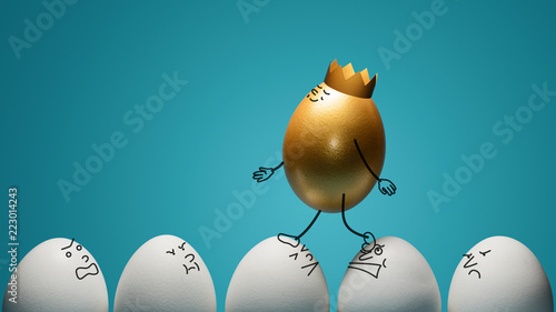 Concept of ambitiousness, careerism. A golden egg walks through heads the white eggs.