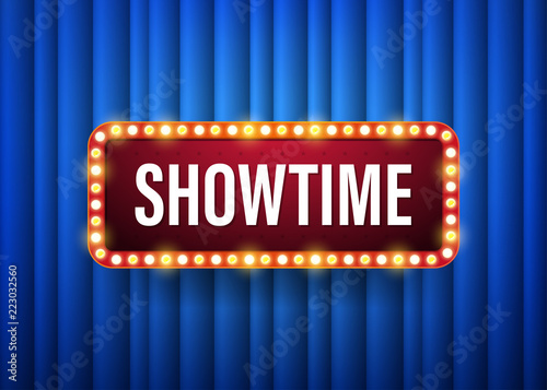 Showtime. text with electric bulbs frame on blue background. Vector illustration