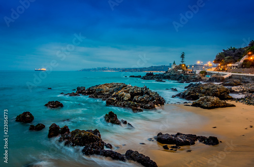 Outdoor beautiful view of Pacific rocky coast in Vina del Mar, Chile