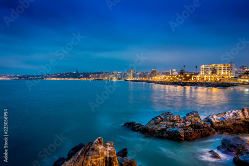 Outdoor beautiful view of Pacific rocky coast in Vina del Mar, Chile