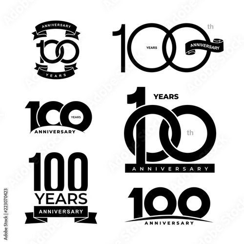 Set of 100 years anniversary icon. 100-th anniversary celebration logo. Design elements for birthday, invitation, wedding jubilee, postcards. Vector illustration. Isolated on white background.