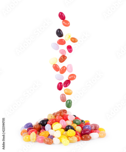 Pile of multiple jelly bean candies on a white background