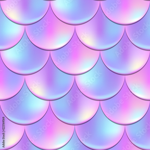 Mermaid fish scale seamless pattern with holographic effect. Iridescent mermaid vector background. Pastel violet pattern