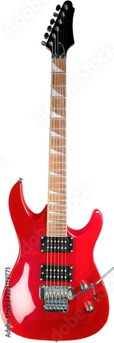 Close-up of red guitar isolated on white background