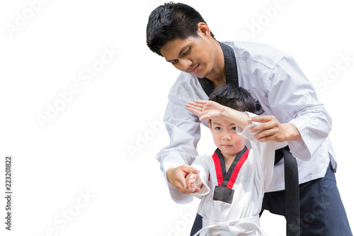 Teacher Black belt Taekwondo Fighter Kid Punch Guard Stand for Flight isolated on white background with clipping path