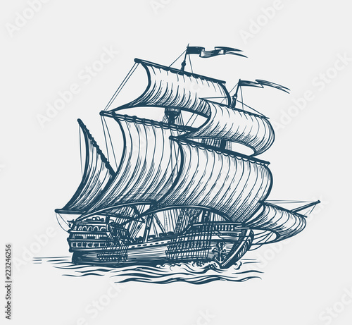 Vintage sailing ship. Seafaring, sailer concept. Sketch vector illustration
