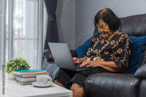 senior woman working on laptop in living room