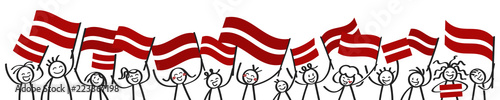 Cheering crowd of happy stick figures with Latvian national flags, smiling Latvia supporters, sports fans isolated on white background