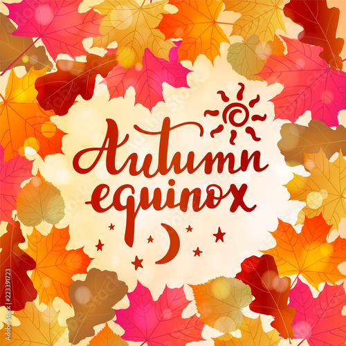 Autumn equinox -- handwritten lettering quote symbolizing equal duration of daytime and nighttime. Vector flat illustration.