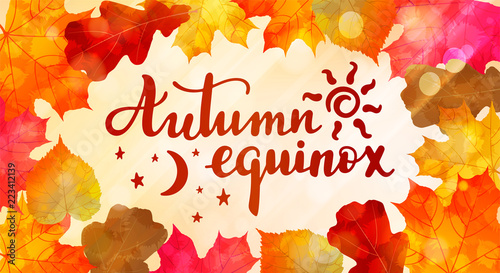 Autumn equinox -- handwritten lettering quote symbolizing equal duration of daytime and nighttime. Vector flat illustration.