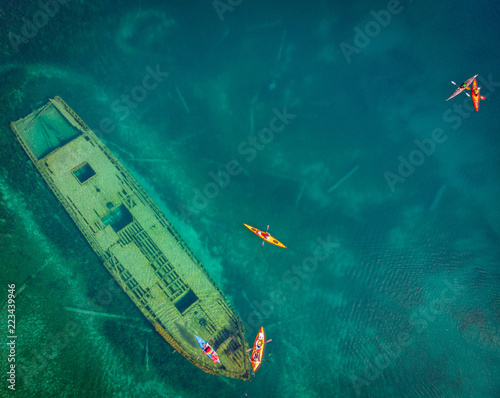 Shipwreck at Tobermory with kayakers, aerial view, Ontario, Canada