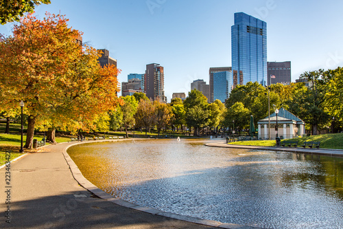 Boston City Skyline as Seen from Boston Common Public Park Adjacent to the Lagoon in Autumn
