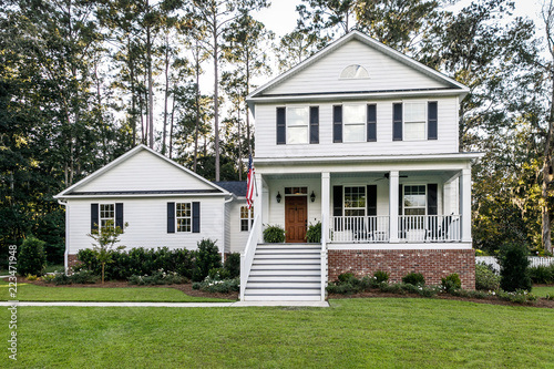 Suburban White All American Contemporary Farmhouse Two Story with Curb Appeal