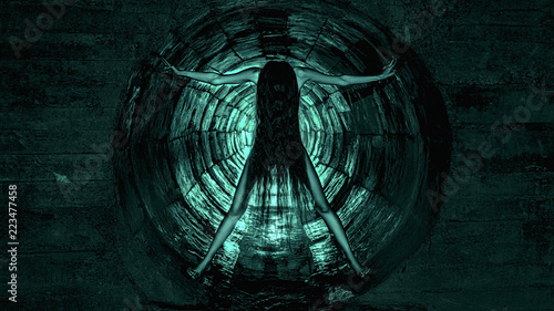 A terrible girl with long black hair is standing in a gloomy underground tunnel (well).