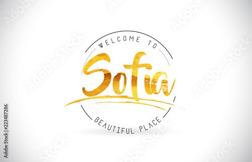 Sofia Welcome To Word Text with Handwritten Font and Golden Texture Design.