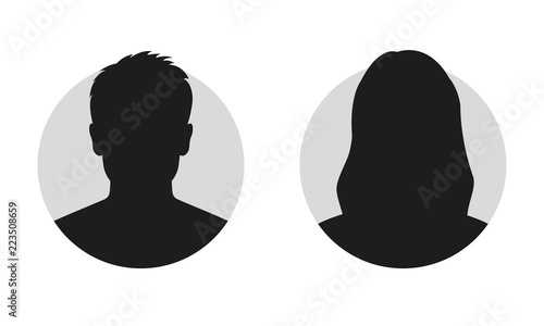 Male and female face silhouette or icon. Man and woman avatar profile. Unknown or anonymous person. Vector illustration.