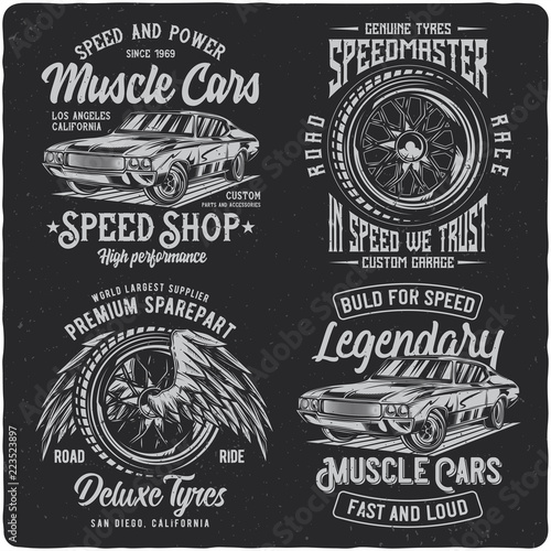 Vintage labels set with lettering composition on dark background. T-shirt design.