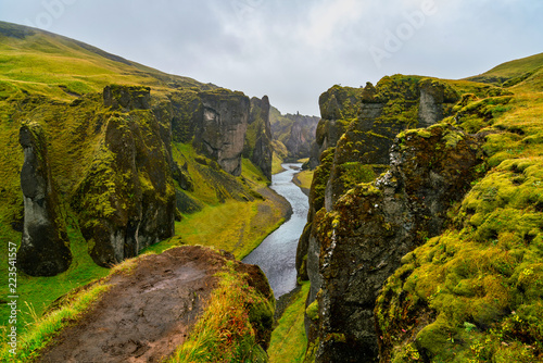 Fjaðrárgljúfur is a canyon in south east Iceland The canyon has steep walls and winding water.It is located near the Ring Road, not far from the village of Kirkjubæjarklaustur.