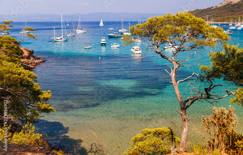 Beautiful bay with yachts in Porquerolles, the island in southern France. Holidays in France. 