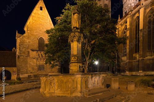 Naumburg, Germany - September 14, 2018: View of the Ekkehard fountain in front of Naumburg Cathedral, which has been a World Heritage Site since 2018, Germany.