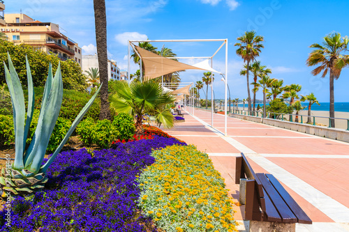 Flowers on beach promenade in Estepona town on Costa del Sol, Spain