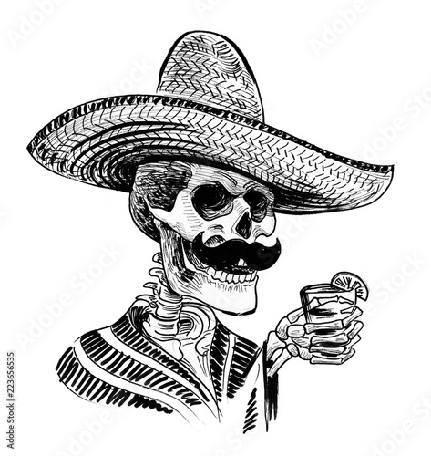 Dead man in sombrero hat with a tequila shot in hand. Ink black and white drawing 