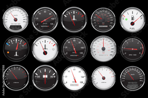 Car dashboard gauges. Collection of speed, fuel, temperature devices on black background