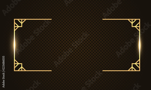 Gold rectangle luxury glow thin line box, frame, border, decorative design elements. Horizontal banner with golden bokeh isolated on dark, black background. Vector background for information, text. 