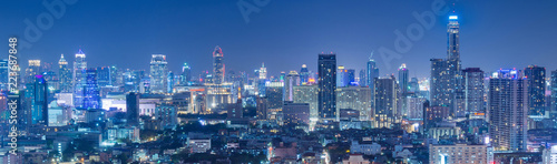 Bangkok business and travel landmark famous district urban skyline aerial view at night.