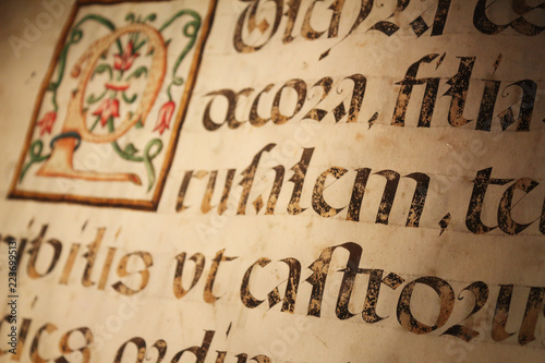 A close up view of an old book sheet made of parchment with some blackletter Latin writings and a colored miniature