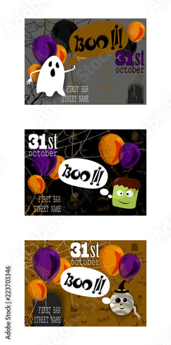 Happy Halloween invitation card template with spiderweb and text.
