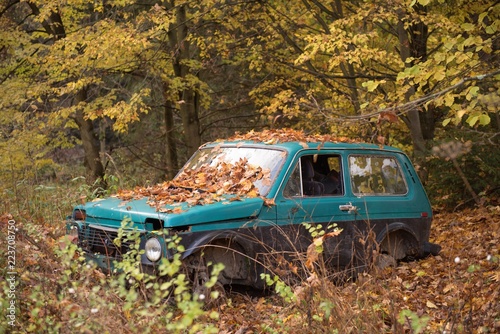Zasypany jesiennymi liśćmi samochód. Zdezelowane, zepsute auto. Jesień w parku, lesie.