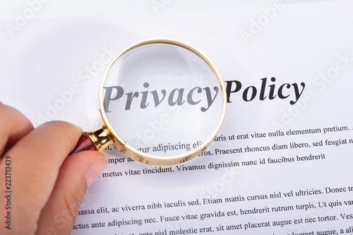 Woman Holding Magnifying Glass Over Privacy Policy Form