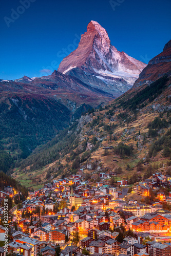 Zermatt. Image of iconic village of Zermatt, Switzerland with Matterhorn in the background during twilight.