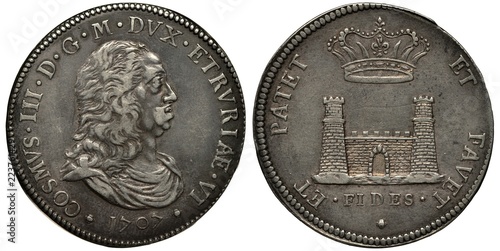 Livorno Toscana Italy Italian silver coin 1 one tallero (thaler) 1707, ruler Cosimo III, bust right, fortress with towers and gate, crown above, 