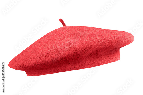 Red french cap beret side view isolated on white