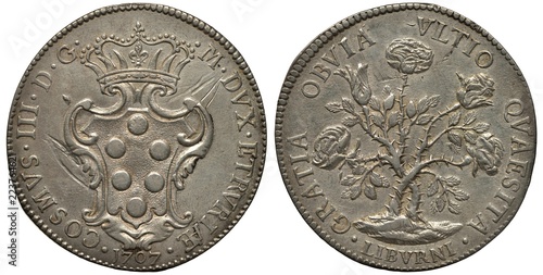 Italy Italian Toscana silver coin 1 piastre 1707, ruler Cosimo III Medici, crowned shield with dots, rose bush with flowers, 