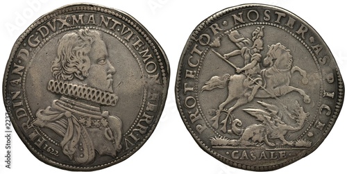 Italy Italian Mantua silver coin 1 one ducaton 1622, ruler Ferdinando Gonzaga, bust in rich clothes right, Saint George on horse killing dragon with spear, 
