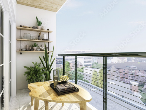 Modern balcony design, coffee table, green plants and glass railings, etc.