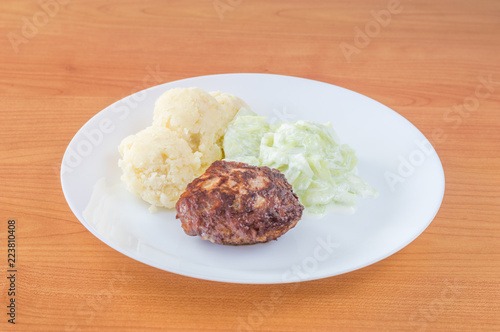 Polish Meatballs knows in Poland as kotlet mielony for dinner Kotlet mielony with mizeria and mashed potatoes.